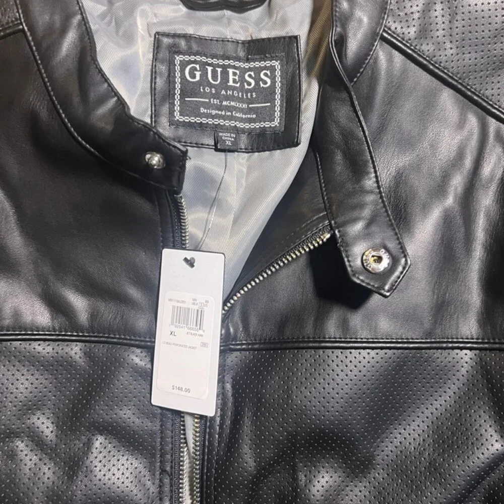 NWT Guess Women XL LS‎ Beau Perforated Jet Black Full Zip Faux Leather Jacket